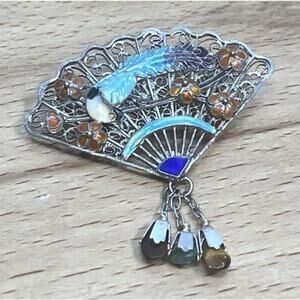 Vtg Sterling Silver Chinese Gilt Filigree CLOISONNÉ ENAMEL Bird Fan Pin Broach
